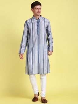 Sanwara - Striped Blue Straight Cut Cotton Kurta with Churidar Pyjama for Men (Set of 2)