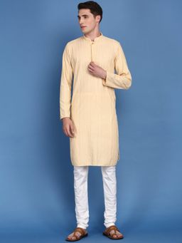 Sanwara - Mens Solid Beige Chikankari Designer Cotton Kurta with Churidar Pyjamas (Set of 2)