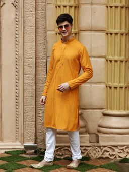 Sanwara - Mens Mustard Chikankari Designer Cotton Kurta with Churidar Pyjamas (Set of 2)