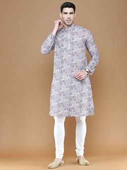 Sanwara - Mens Cotton Blue Printed Designer Kurta with Churidar Pyjama (Set of 2)