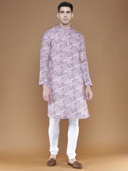 Sanwara - Mens Cotton Purple Printed Designer Kurta with Churidar Pyjama (Set of 2)