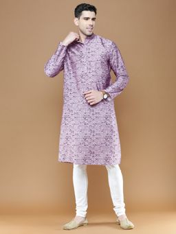 Sanwara - Mens Cotton Purple Printed Designer Kurta with Churidar Pyjama (Set of 2)
