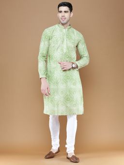 Sanwara - Traditional Green Bandhej Print Cotton Kurta with Churidar Pyjama for Men (Set of 2)