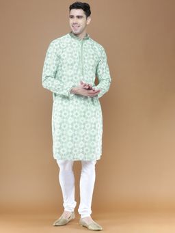 Sanwara - Traditional Green Chikankari Cotton Kurta with Churidar Pyjama for Men (Set of 2)