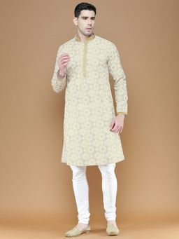 Sanwara - Traditional Yellow Chikankari Cotton Kurta with Churidar Pyjama for Men (Set of 2)