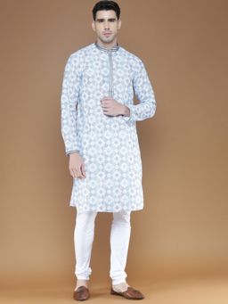 Sanwara - Traditional Blue Chikankari Cotton Kurta with Churidar Pyjama for Men (Set of 2)