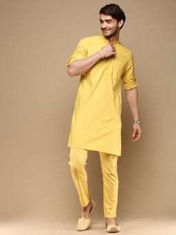 Sanwara - Traditional Pathani Mustard Solid Cotton Kurta with Churidar Pyjama for Men (Set of 2)
