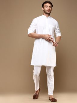 Sanwara - Traditional Pathani Off White Solid Cotton Kurta with Churidar Pyjama (Set of 2)