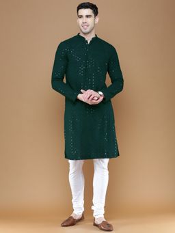 Sanwara - Mens Sequins Green Chikankari Party Cotton Kurta with Churidar Pyjama (Set of 2)