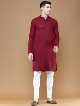 Sanwara - Mens Sequins Maroon Chikankari Party Wear Cotton Kurta with Churidar Pyjama (Set of 2)