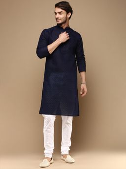 Sanwara - Chic Classic Mens Blue Chikankari Cotton Kurta with Churidar Pyjama (Set of 2)