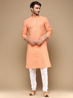 Sanwara - Chic Classic Mens Orange Chikankari Cotton Kurta with Churidar Pyjama (Set of 2)