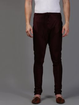 Sanwara - Mens Solid Wine Colour Art Silk Churidar Pyjamas