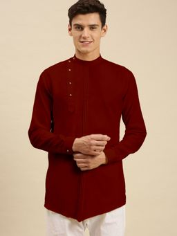 Sanwara - Mens Cotton Maroon Color Stylish Side Cut Anrakha Pattern Kurta