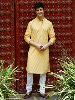 Sanwara - Mens Light Yellow Chikankari Designer Cotton Kurta