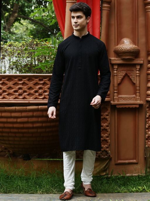 Sanwara Mens Black Chikankari Designer Cotton Kurta