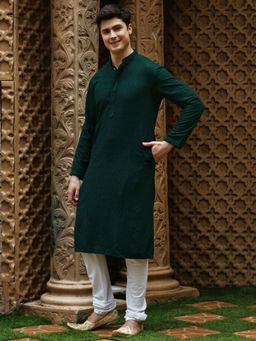 Sanwara - Mens Deep Green Chikankari Designer Cotton Kurta