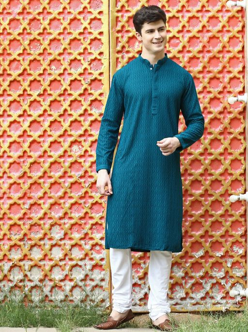 Sanwara Mens Blue Chikankari Designer Cotton Kurta