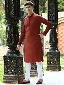 Sanwara - Mens Rust Coloured Sequins with Embroidered Work Wedding Collection Kurta