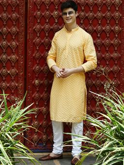 Sanwara - Mens Light Yellow Chikankari Designer Cotton Kurta with Churidar Pyjamas (Set of 2)
