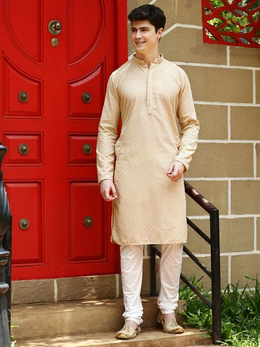 Sanwara Mens Beige Chikankari Designer Cotton Kurta with Churidar Pyjamas (Set of 2)