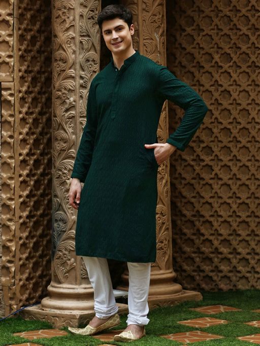 Sanwara Mens Deep Green Chikankari Designer Cotton Kurta with Churidar Pyjamas (Set of 2)