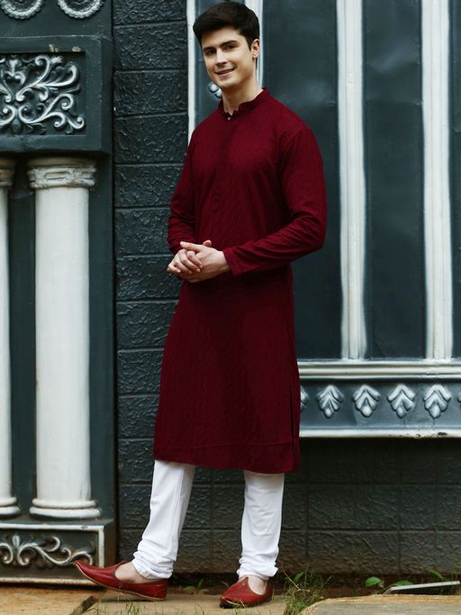 Sanwara Mens Maroon Chikankari Designer Cotton Kurta with Churidar Pyjamas (Set of 2)
