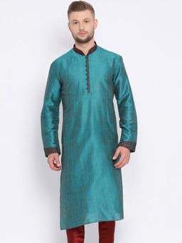Sanwara - Mens Solid Teal Woven Designer Jacquard Kurta