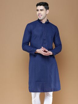 Sanwara - Mens Ink Blue Chikankari Designer Cotton Kurta