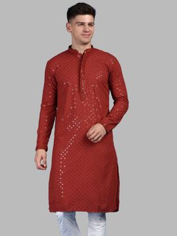 Sanwara - Mens Sequins Red Chikankari Party Wear Cotton Kurta