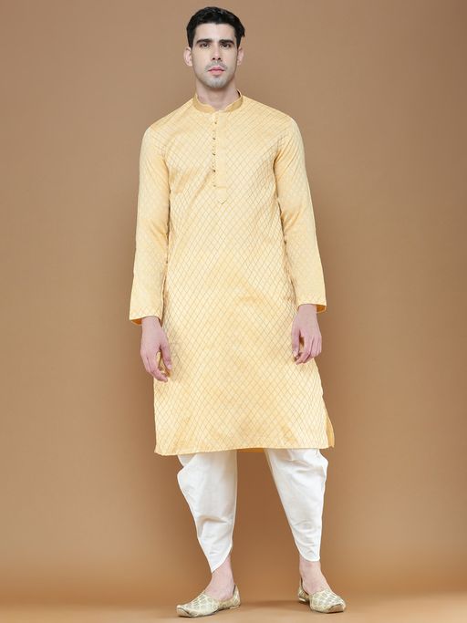 Sanwara Mens Yellow Woven Pattern Designer Jacquard Kurta with Cawl Dhoti (Set of 2)