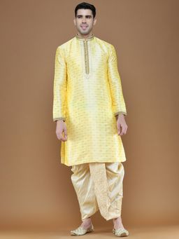 Sanwara - Mens Yellow Woven Pattern Designer Jacquard Kurta with Dhoti (Set of 2)