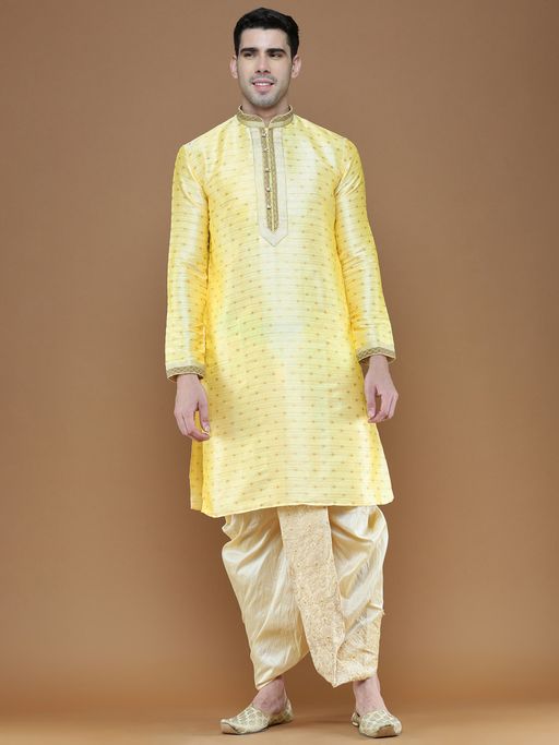 Sanwara Mens Yellow Woven Pattern Designer Jacquard Kurta with Dhoti (Set of 2)
