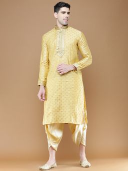 Sanwara - Mens Yellow Woven Pattern Designer Jacquard Kurta with Dhoti (Set of 2)