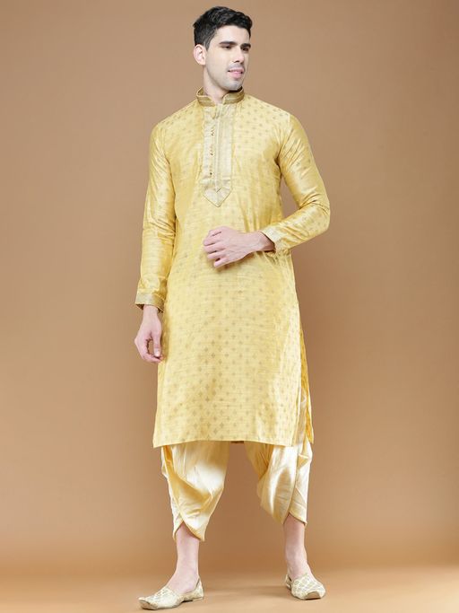Sanwara Mens Yellow Woven Pattern Designer Jacquard Kurta with Dhoti (Set of 2)