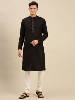 Sanwara - Mens Black Chikankari Cotton Kurta with Churidar Pyjama (Set of 2)