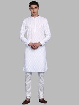 Sanwara - Elevate Your with White Chikankari Cotton Mens Kurta with Churidar Pyjama (Set of 2)