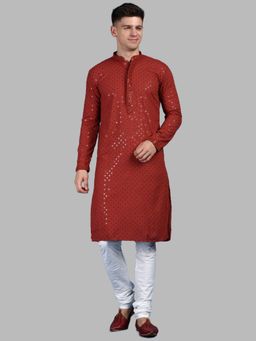 Sanwara - Sparkling Mens Red Sequins Ethnic Party Kurta with Churidar Pyjama (Set of 2)