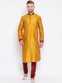 Sanwara - Mens Yellow Unveiled Woven Jacquard Fabric Kurta with Churidar Pyjama (Set of 2)