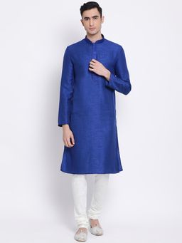 Sanwara - Mens Ink Blue Unveiled Woven Jacquard Fabric Kurta with Churidar Pyjama (Set of 2)