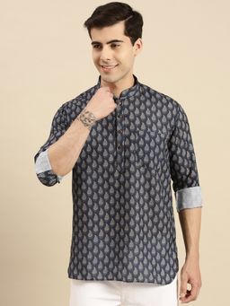 Sanwara - Mens Printed Trendy Blue Cotton Short Kurta