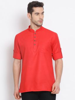 Sanwara - Mens Solid Trendy Tomato Red Cotton Short Kurta