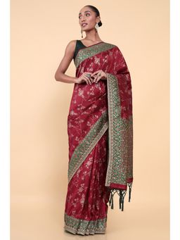 Soch - Women Maroon Silk Floral Saree with Unstitched Blouse
