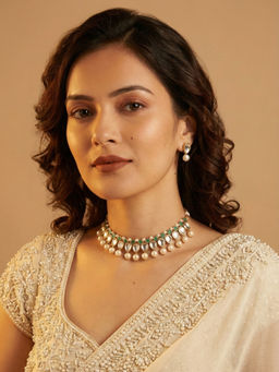 PAYA - Kundan Pearl and Green Stone Drop Necklace Set