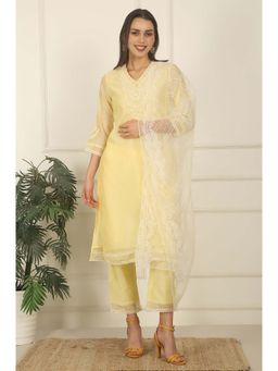 W - Lemon Yellow Embroidered Chanderi A-Line Kurta with Pant & Dupatta (Set of 3)
