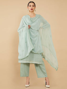 Soch - Teal Machine Embroidery Georgette Unstitched Dress Material ( Set of 3 )