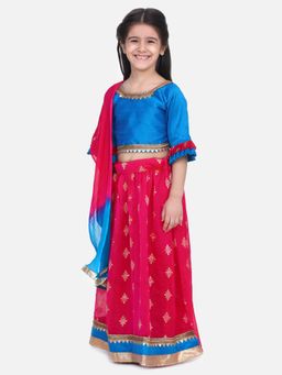 BownBee - Chiffon Brocade Lehenga Choli for Girls - Blue (Set of 3)