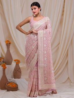 Koskii - Lavender Gotapatti Georgette Embellished & Embroidered Saree with Unstitched Blouse