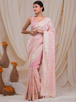 Koskii - Peach Gotapatti Georgette Embellished & Embroidered Saree with Unstitched Blouse