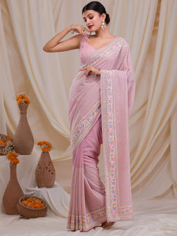 Koskii - Lavender Thread Work & Embellished Georgette Saree with Unstitched Blouse